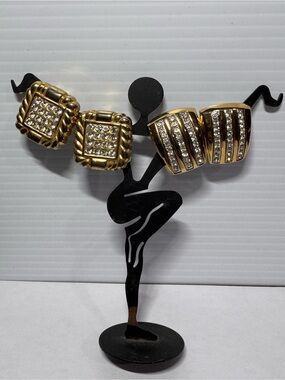 2 Pair Clip on Earrings Square Rope Border Pave Rhinestone Center & Huggie Pair